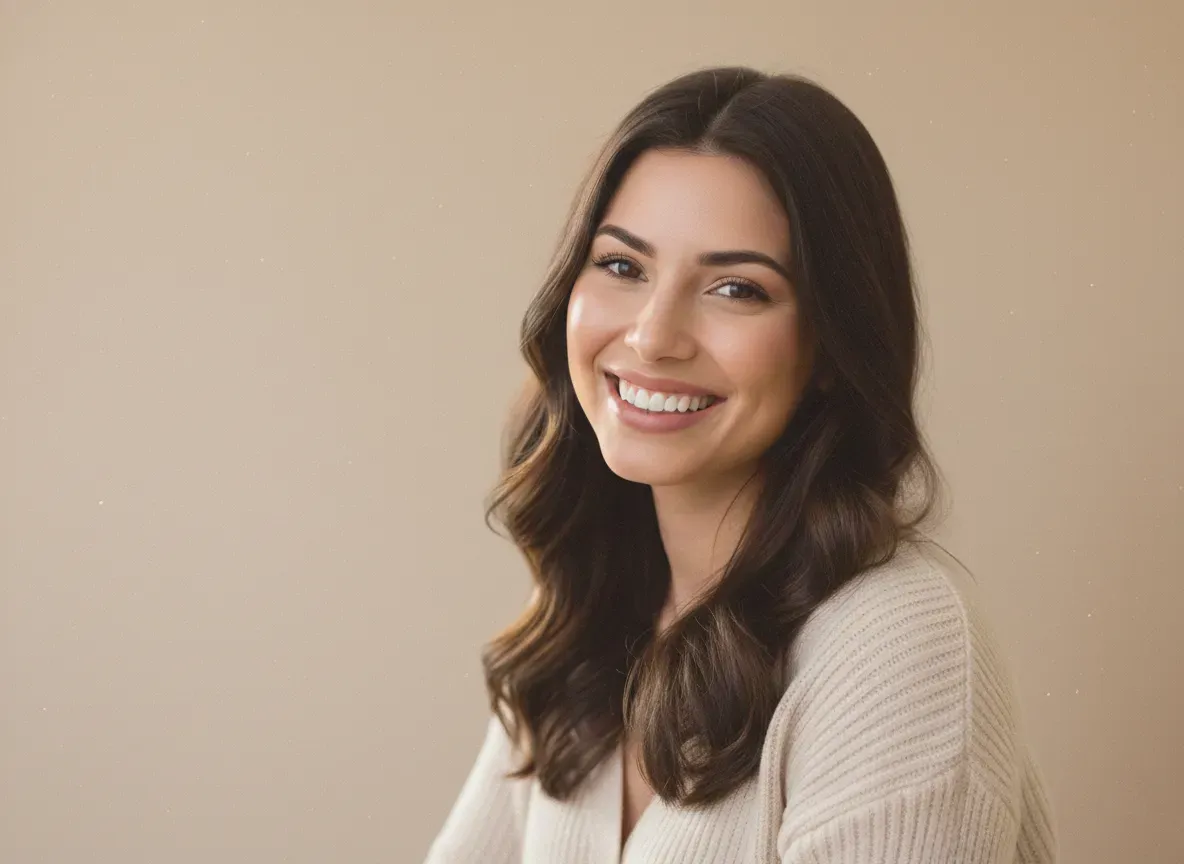 A smiling woman with long brown hair in a cream knit top against a warm beige background
