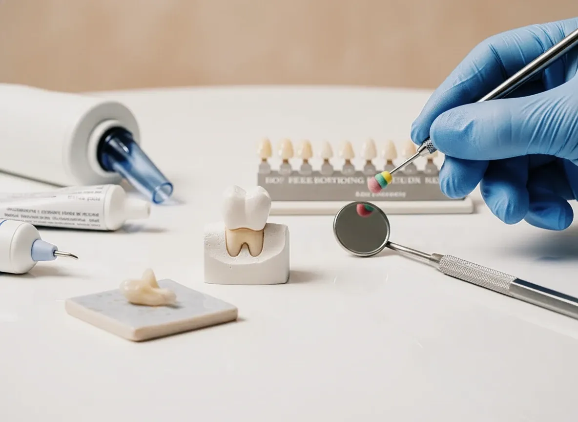 A gloved hand holding a dental tool beside a tooth shade guide, a model tooth, a dental mirror and a crown on a white surface