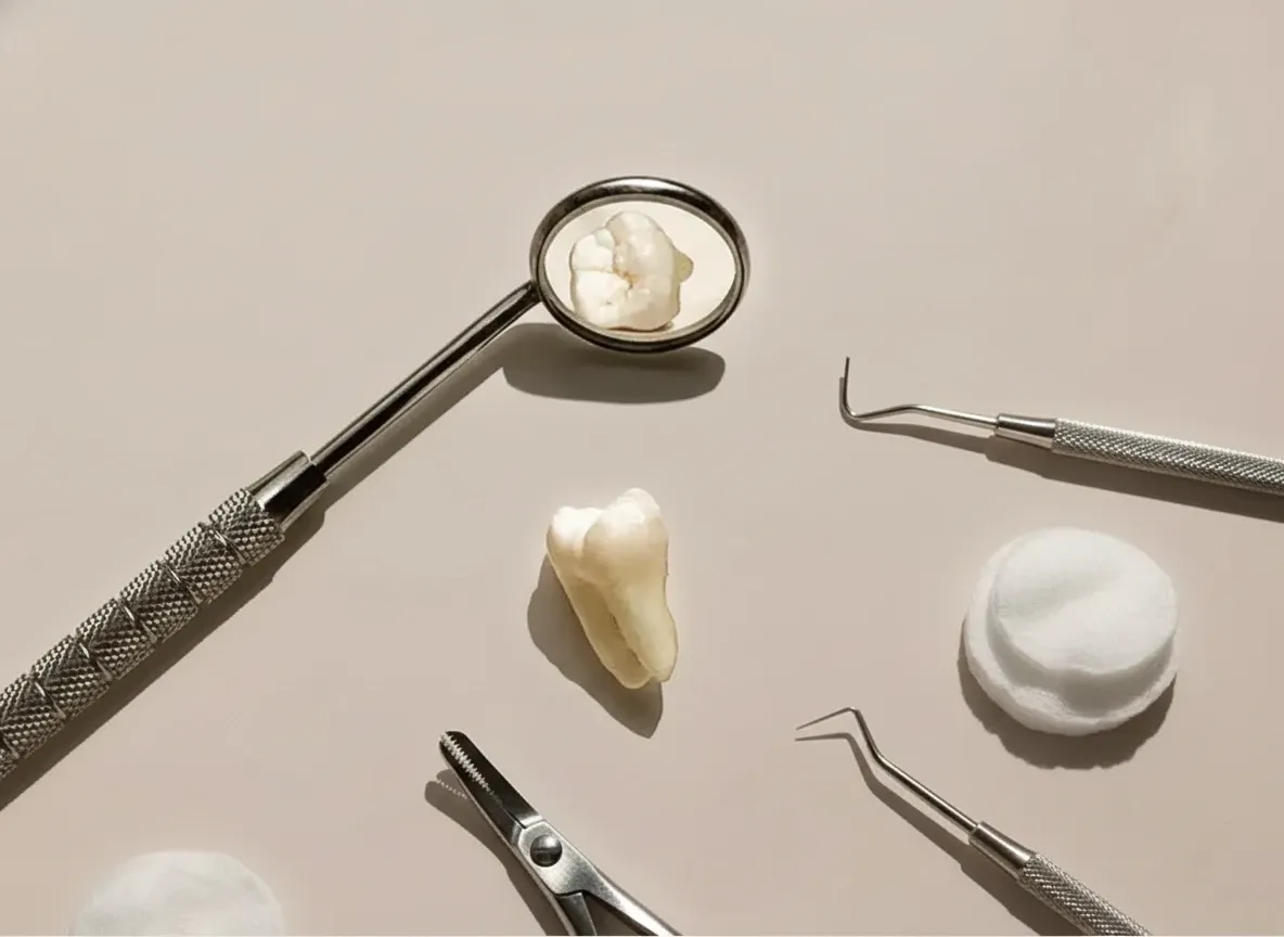 A dental mirror, probes, forceps and cotton rounds laid out on a beige surface beside an extracted tooth
