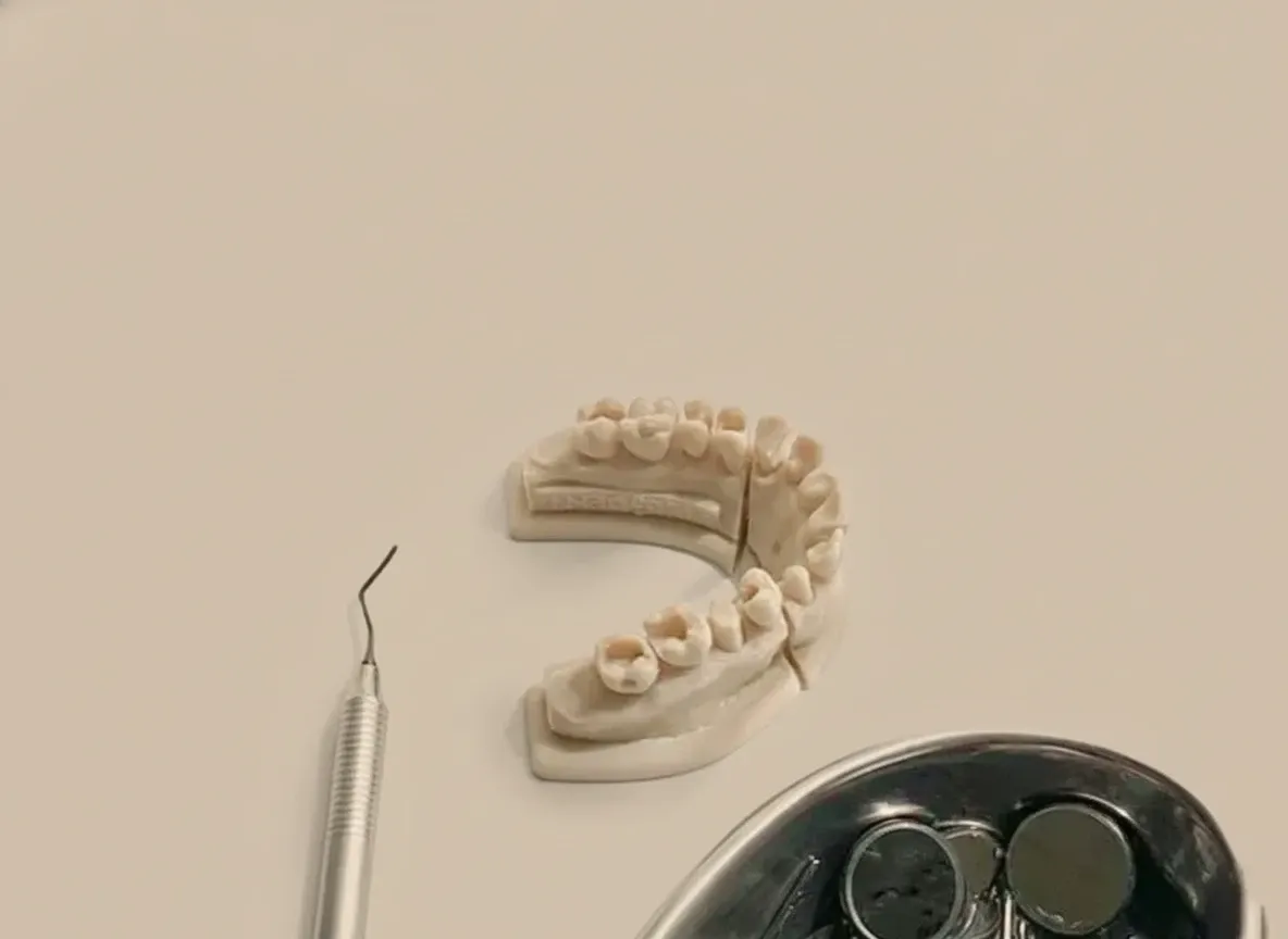 A plaster model of teeth and a dental probe beside a tray of dental mirrors on a beige surface